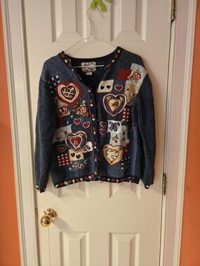 Women’s Navy Embroidered Heart Patch Cardigan Sweater